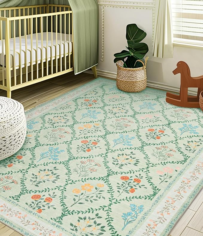 YIHOUSE 6x9 Washable Rug for Bedroom, Green Floral Rugs for Living Room Non Slip Ultra-Thin Large Boho Rug for Kids Playroom, Classroom, Girls Dorm, Nursery, Green Multi
