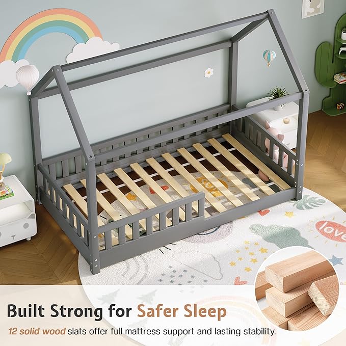 Jocisland Twin Size House Bed for Kids, Montessori Wooden Floor Bed Frame with Guardrails, Removable Rails, Playhouse Roof, Easy Assembly, Toddler Floor Bed for Boys & Girls, Grey