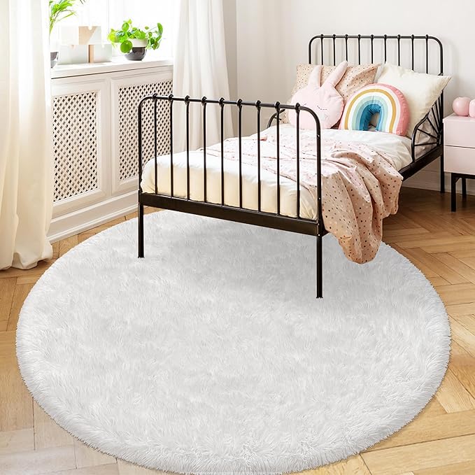 5 ft Round Fluffy White Rug for Bedroom,Tie Dyed Furry Round Carpet Non Slip Fuzzy Shaggy Plush Circle Area Rug for Living Room Teen's Room Nursery Room Playroom Kids Room Home Decor Washable