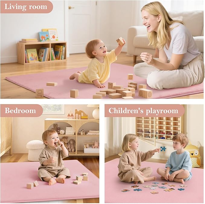 PapaMama Ultra Soft Baby Play Mat for Floor, 1.3" Thick Memory Foam 50x50 Playpen Mat with Non-Slip Backing, Coral Velvet Child Nursery Rug, Tummy Time & Crawling & Yoga Mat for Infant, Toddlers, Kids