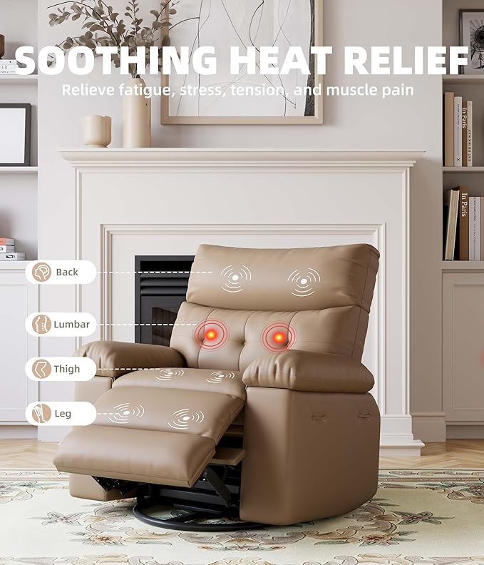 GarveeHome Power Rocker Swivel Recliner Chair - Heat and Massage, PU Leather Electric Glider Rocking Chair with USB Port, Glider Recliner Nursery Chair for Living Room, Bedroom, Nursery