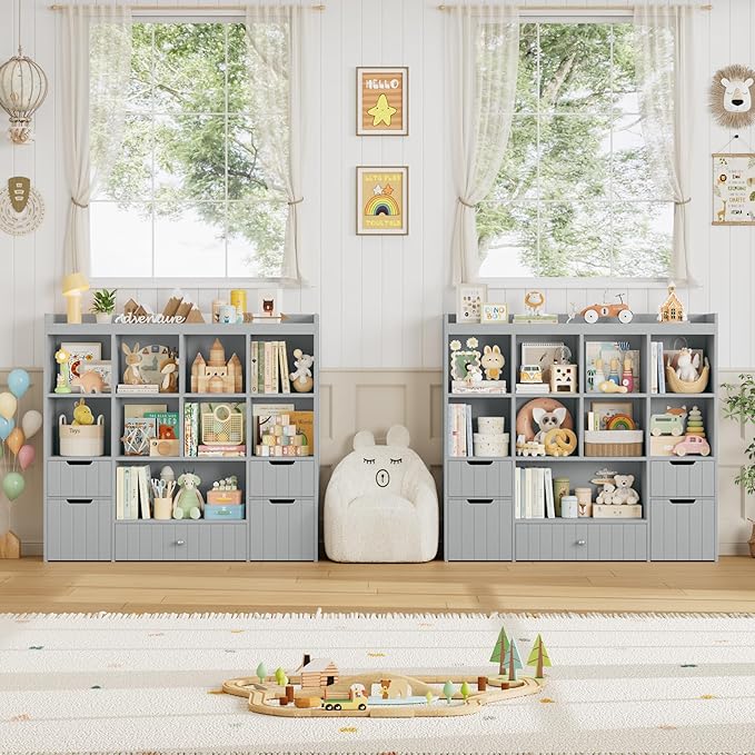 HITHOS 48" W Toy Storage Organizer, Large Kids Bookshelf with Rolling Toy Chest, Toy Organizer with Storage Bins, Book Shelf for Kids Room, Playroom Toy Box with 9 Open Cubbies for Boys/Girls, Grey