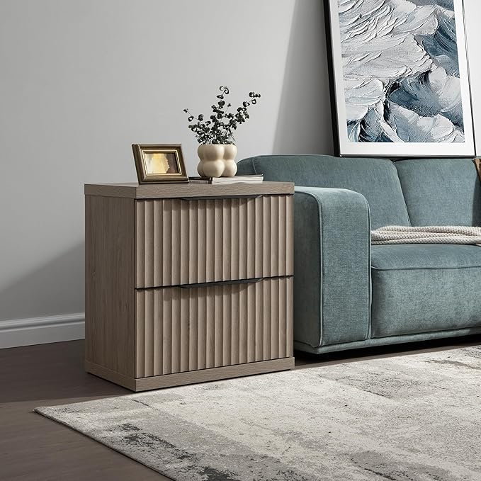 SICOTAS Fluted Night Stand Set 2 - Modern Nightstand with 2 Large Drawers, 22 Inch Wide Bedside Table for Bedroom, Mid Century Bed Side Tables Bedroom, Grey Alder