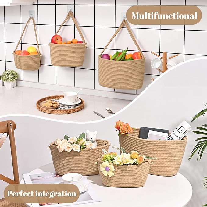 Hanging Storage Baskets, 3-Tier Over the Door Basket, Cotton Wall Baskets Storage, Detachable Hanging Door Basket with 4 Hooks, Over the Door Organizer Nursery for Bedroom, Living Room, Bathroom Wall