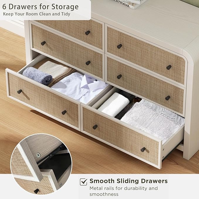 Oak&Sparrow 6 Drawer Dresser for Bedroom, 49'' Rattan Dresser with Ample Storage, Boho Chest of Drawers, Thickened Curved Profile Design, Oak Dressers for Bedroom, Living Room