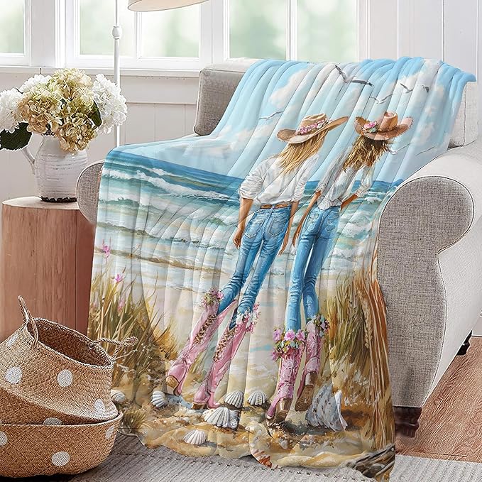 Coastal Cowgirl Blanket Cowgirl Beach Decor Throw Blanket Super Soft Flannel Lightweight Fluffy Plush Fuzzy Fleece Western Blanket Gifts for Girl Woman Boys Kids Adults Man for Bed Sofa 40"X50"