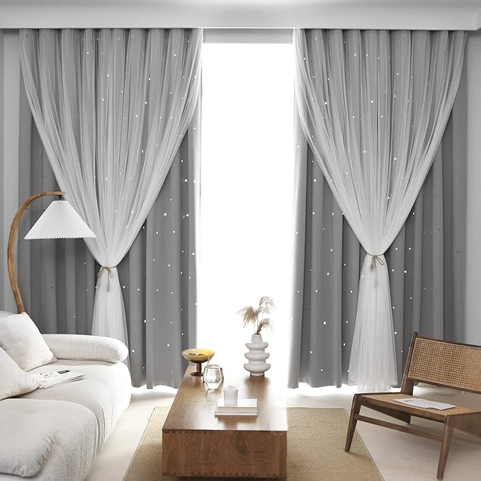 Kinryb Sheer Overlay Curtains for Girls Bedroom, 84 Inches Double Layer Panles with Star Cutout for Kids Room (52 W x 84 L Inches,2 Pcs Silver Grey)