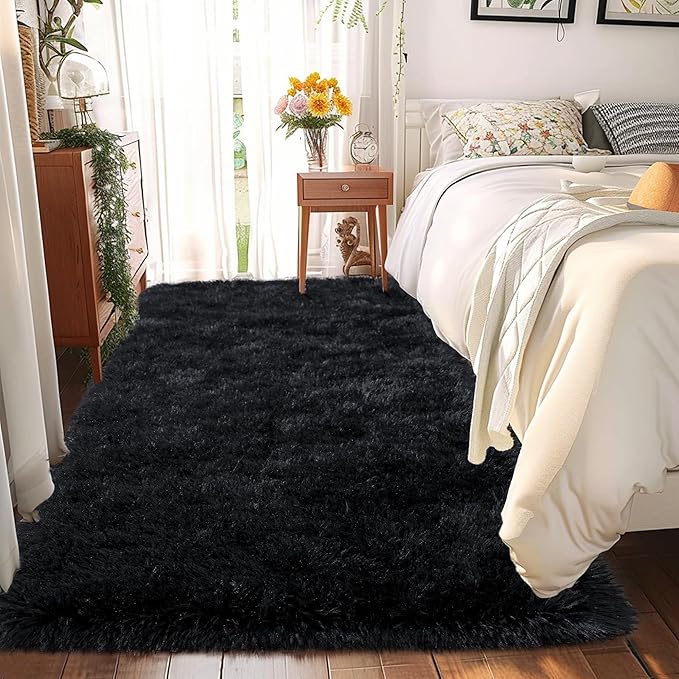 2x4ft Runner Rug - Non Slip Washable Hallway Fluffy Rug with Rubber Backing - Fluffy Rugs for Bedside Dorm - Black