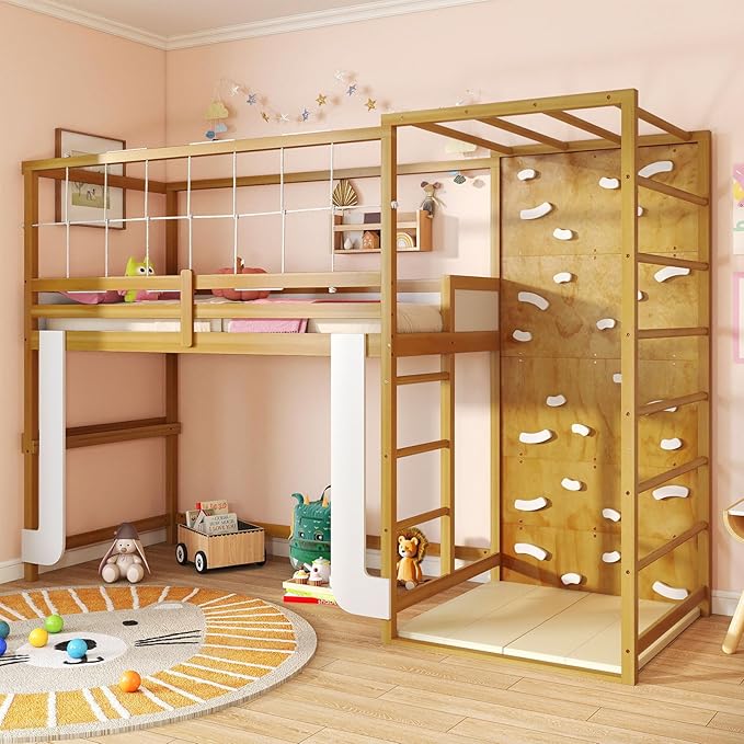 Giantex Twin Bunk Bed with Jungle Gym, 4-in-1 Wooden Loft Bed with Climbing Ladder, Rock Wall & Monkey Bar, Montessori Playhouse Bed with Full Length Guardrail & Wood Slat Support for Kids (Natural)