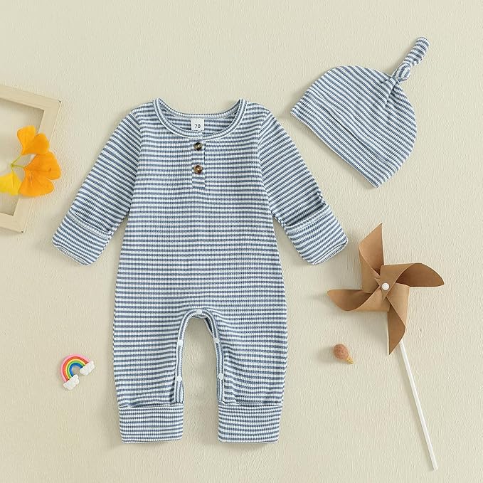 Infant Boys Fall Clothes Newborn Baby Romper Hat Stripe Knit Long Sleeve Bodysuit Jumpsuit Baby Going Home Outfit