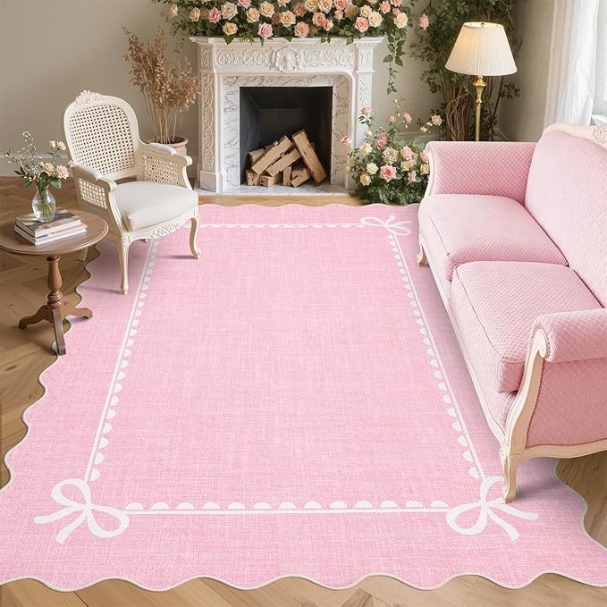 GarveeHome Scalloped Bow Rug for Living Room, Solid Pink Rug for Dorm, Washable Rugs 8x10 Soft Low Pile Non Slip Scalloped Rugs for Nursery College Bedroom Decor Kids Room Playroom