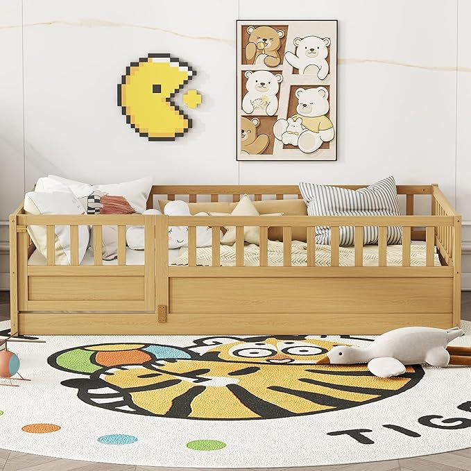 Bellemave Twin Floor Bed with Slats and High Fence, Twin Size Montessori Floor Beds with Door, No Box Spring Needed, Easy Assemble Montessori Bed Frame(Natural Twin)