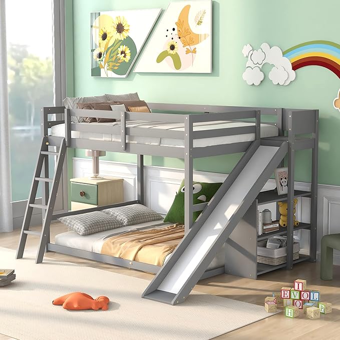 Full Over Full Bunk Bed with Ladder, Wooden Bunk Bed Frame with Slide and Shelves, Low Bunk Bed for Kids Teens Adult, Space-Saving Bedroom Dormitory Furniture (Gray + Pine-05)