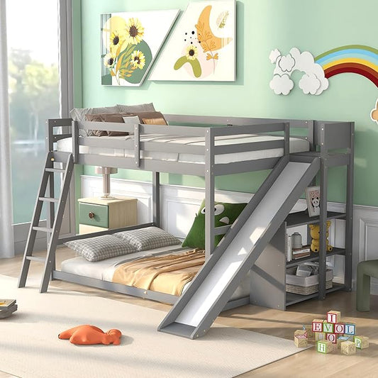 Full Over Full Bunk Bed with Ladder, Wooden Bunk Bed Frame with Slide and Shelves, Low Bunk Bed for Kids Teens Adult, Space-Saving Bedroom Dormitory Furniture (Gray + Pine-05)