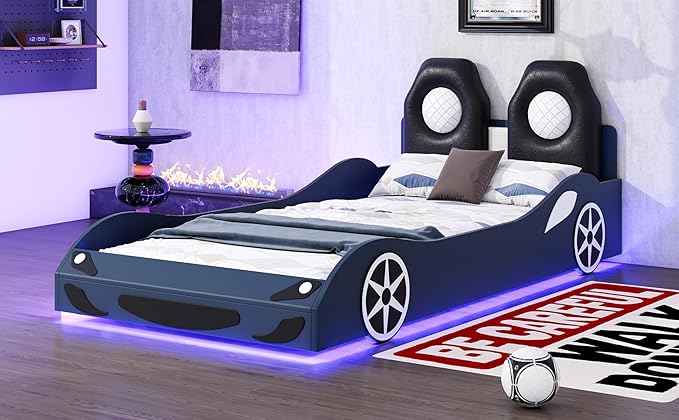 Harper & Bright Designs Wood Twin Size Race Car-Shaped Platform Bed with LED and Upholstered Backrest, Blue