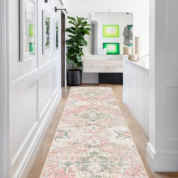 Washable Runner Rug 2x8 for Kitchen Bathroom Hallway Bedroom Entryway Laundry, Soft Non Slip Long Mat Indoor, Boho Floor Runners Low Pile Light Pink and Green