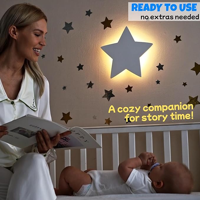 Nursery Night Light – Dimmable Star Wall Light for Newborns & Toddlers Nursery Decor – Rechargeable LED Light with Touch Control for Kids' Safety (Moon & Stars Decals Included)