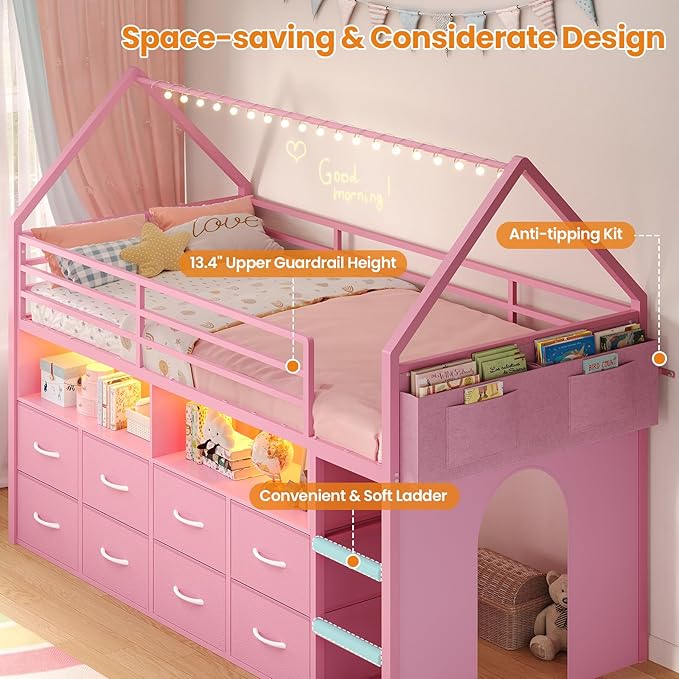 BTHFST Twin Size Loft Bed for Kids, 8 Storage Drawers & LED Lights, House Shaped Metal Bed with Bookcase, Soft Foam Ladder, 13.4" Safety Guardrail, Space Saving, Fun Curtain
