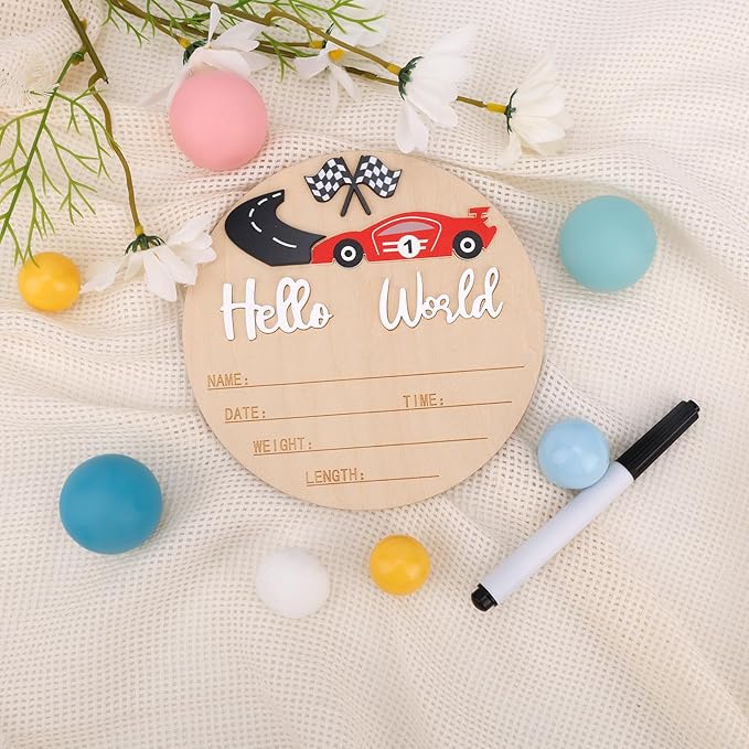 Baby Announcement Sign, 15cm/5.91in Wooden Hello World Newborn Bulletin Board with Pen Race Car & Checkered Flag Decor Welcome Birth Name Plaque for Home Hospital Nursery