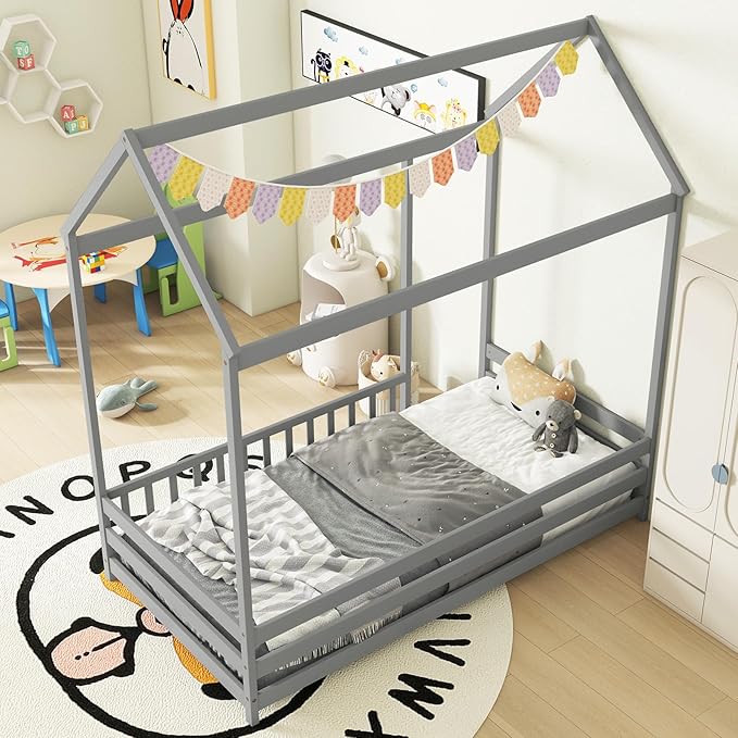 KOMFOTT Twin Size Floor House Bed, Wooden Montessori Bed with Roof & Full-Length Safety Guardrail, Floor Playhouse Bed Frame for Kids, Girls, Boys (Grey)