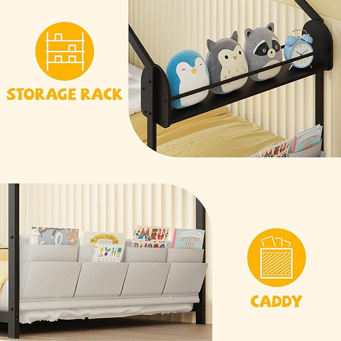 Timy House Shape Twin Size Montessori House Bed Metal Floor Bed with Storage Rack and Caddy Twin Bed-Frame for Kids No Box Spring Needed Black