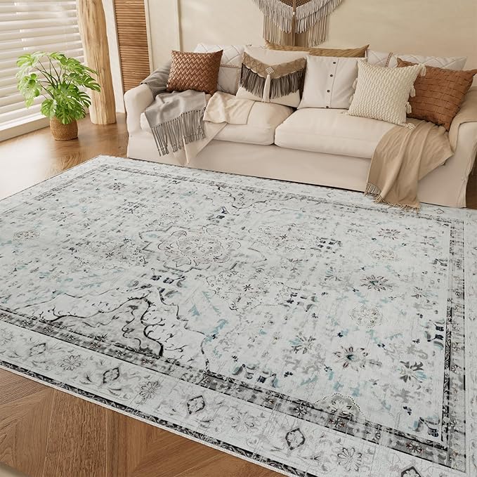 AMTOVO Area Rugs 5'x7' Washable Non-Slip, Vintage Boho Distressed Print Pattern Rugs for Living Room, Soft Low Pile Carpet for Bedroom Indoor Playroom Nursery Farmhouse Dining Room, Light Grey