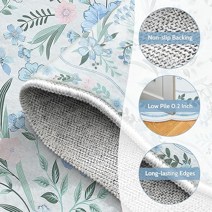 Blue Floral Rug 4x6 for Girls Bedroom or Nursery, Scalloped Washable Non-Slip Area Rug, Cute Soft Boho Carpet for Kids Room, Dorm, or Playroom