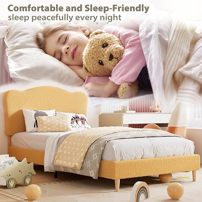GarveeHome Upholstered Twin Size Bed Frame for Kids with Scallop Headboard, Cute Velvet Twin Bed for Girls, Boys, Sturdy Platform Bed, No Box Spring Needed, Wooden Slats, Noise Free, Yellow