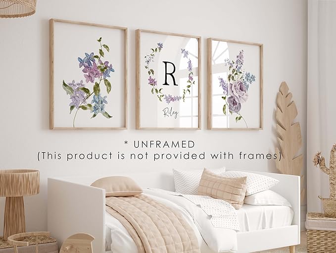 Personalized Name Flower Nursery Wall Art Prints, Crib & Nursery décor, Newborn Baby Girl Gift Present, Floral Baby Girl Room Pictures, Poster For Baby And Kids (3 Prints, Flower 2)