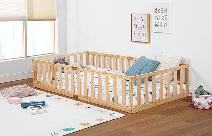 Spirich Twin Size Kids Floor Bed Frame with Fence and Door, Solid Wood Montessori Floor Bed for Kids with Safety Guardrails, Twin Bed Frame for Boys and Girls, Natural
