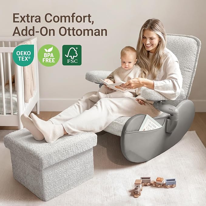 MAMAZING Nursery Rocking Chair Glider with Adjustable Armrests for Breastfeeding, Upholstered Nursing Chair with Removable Cover for Mom and Baby(Light Grey/Light Grey)