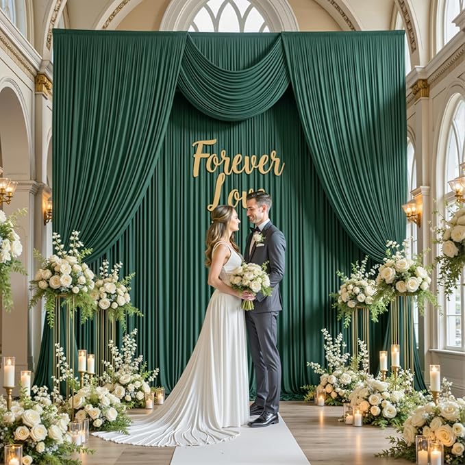 10×12ft Wrinkle Free Hunter Green Backdrop Curtain for Wedding Parties, 2 Panels 5×12ft Long Soft Silky Polyester Backdrop Drapes Photo Back Drop Curtains for Jungle Party Photography Background Cloth
