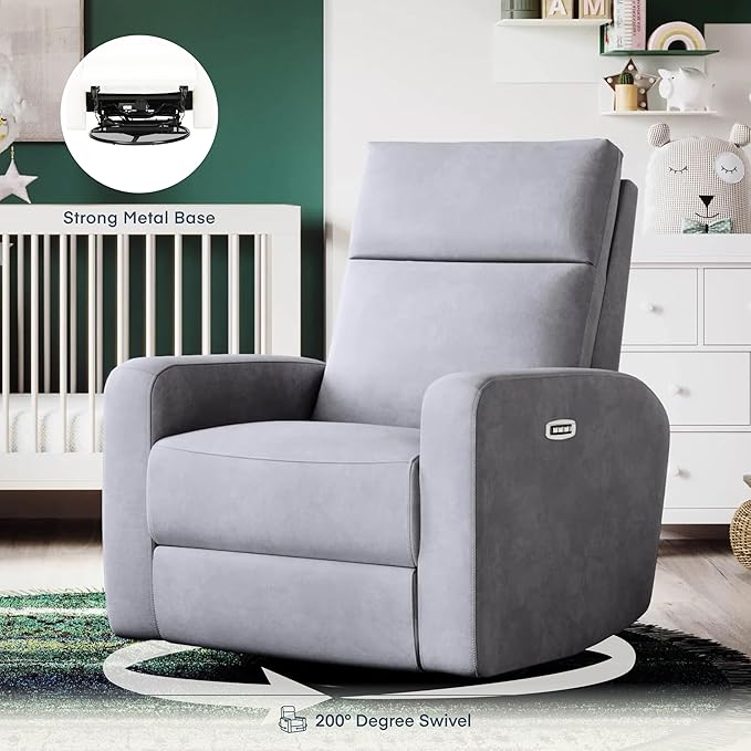 Nurture& The Glider Plus - Premium Nursery Power Recliner | Swivel Chair with Adjustable Head Support and Adjustable Lumbar Support | Built-in USB - The Ultimate Comfort for Nursing, Relaxing (Gray)
