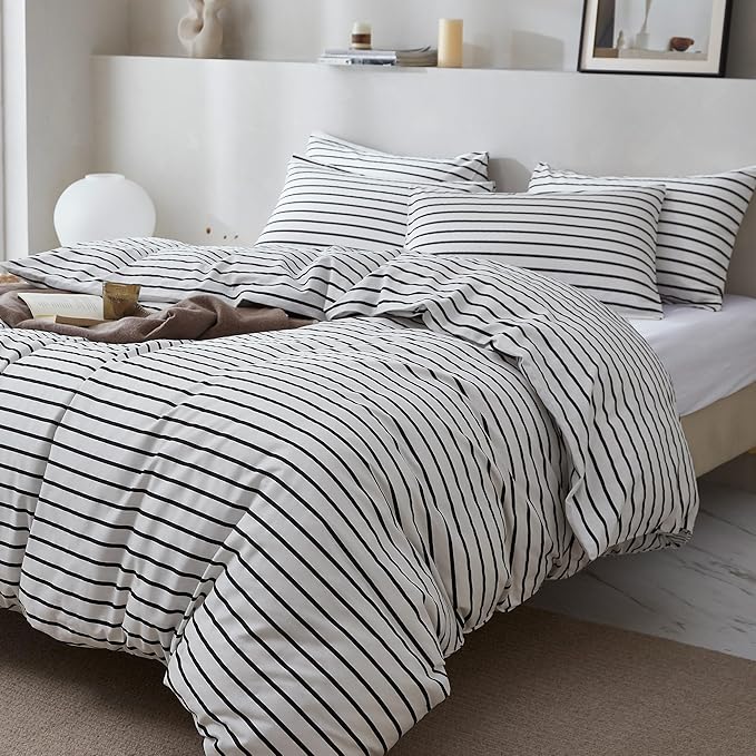 JELLYMONI 100% Natural Cotton 3pcs Striped Duvet Cover Sets, White Duvet Cover with Thick Black Stripes Pattern Printed Comforter Cover, with Zipper Closure & Corner Ties(King Size)