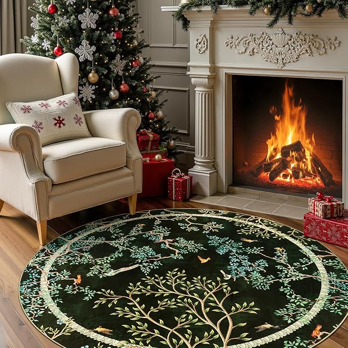 jinchan Yarden Christmas Round Rugs 5ft Moss Green Botanical Birds Print,Machine Washable 5' Circle Nature Plants Modern Soft Non-Slip Throw Area Rugs, Low Pile Carpet for Entryway Bedroom Kids Room