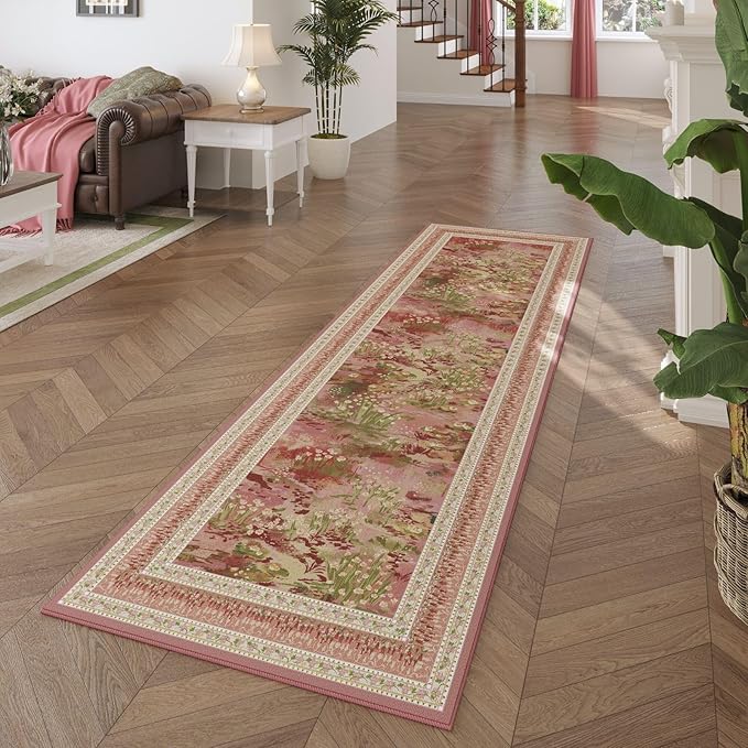 Rugcomf 2x6 Runner Rug Impressionist-Style Vintage Kitchen Rugs Non Slip Washable Soft Carpet Runner for Kitchen Laundry Bedroom Bathroom, Pink