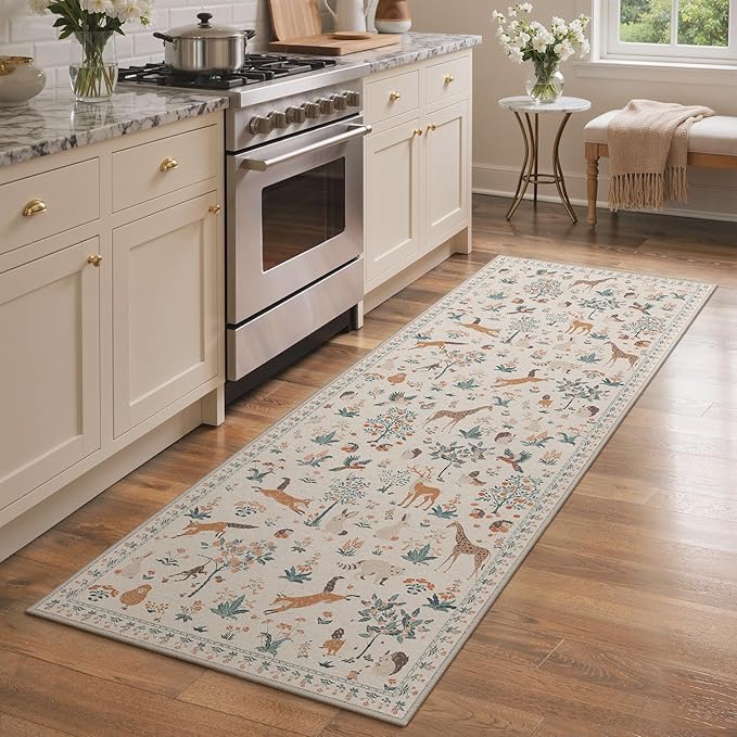 Runner Rug Non Slip 2'6''x 6', Floral Animal Print Rug Machine Washable Rug, Non Slip Low Pile Hallway Runner Carpet for Kitchen, Laundry, Bedroom, Bathroom,Nursery,Playroom, Beige