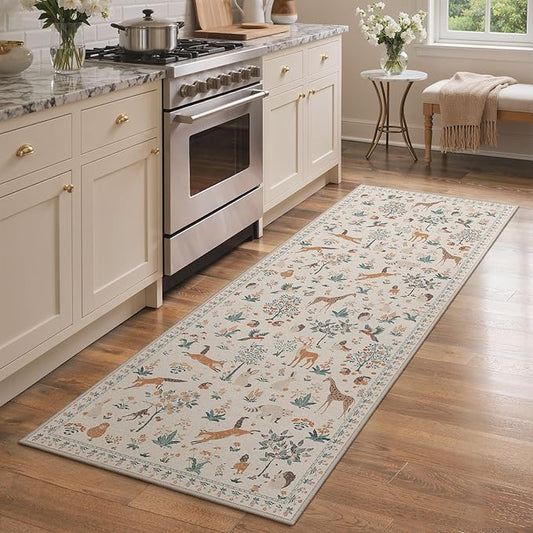 Runner Rug Non Slip 2'6''x 6', Floral Animal Print Rug Machine Washable Rug, Non Slip Low Pile Hallway Runner Carpet for Kitchen, Laundry, Bedroom, Bathroom,Nursery,Playroom, Beige