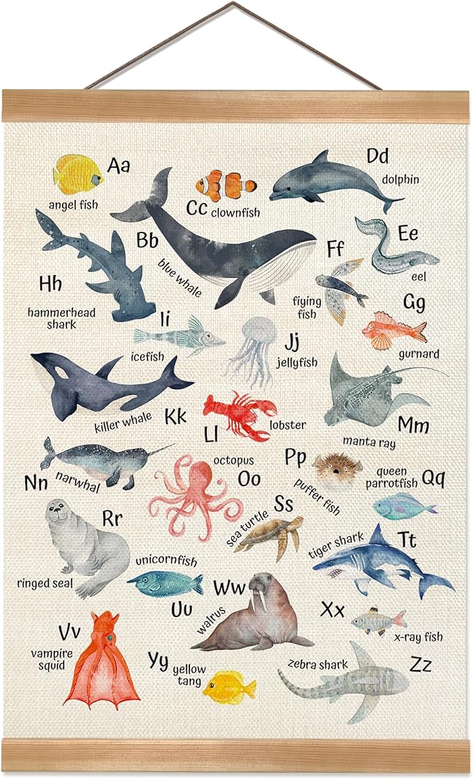 ZTGDA Alphabet Numbers Poster, Children's Room Wall Art, Marine Fishs Numbers&ABC Letter Banner Wall Hanging Decor for Toddler Room,Playroom,Nursery 12x16inch (Ocean animal ABC)
