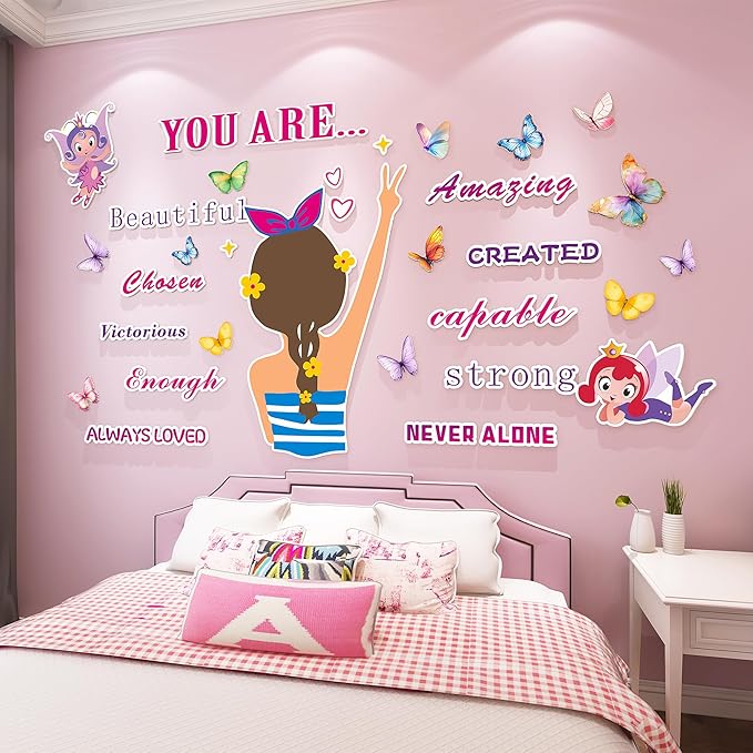 3D Inspirational Wall Stickers for Girls Room Decor Wall Decals Peel and Stick for Girls Bedroom Large Pink Princess Pictures Kids Murals Wallpaper Art Motivational Decor for Nursery Toddler