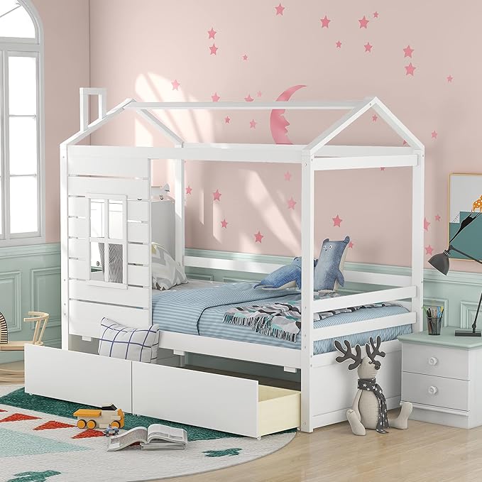 Merax House Bed with Two Drawers, Window and Roof, Twin Size Wood Storage Bunk Bed Daybed Can be Decorated for Girls, Boys (White)
