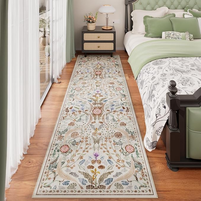 AMTOVO 2.7x8 Runner Rug for Hallway, Washable Non-Slip Long Kitchen Carpet, Floral Vintage Distressed Floor Mat for Hallways Entryway Living Room Laundry Room Bathroom Farmhouse, Beige