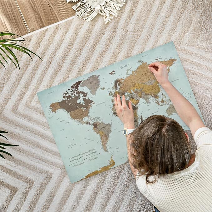 ElephantStock - A Thousand Miles World Push Pin Map Wall Art - Horizontal Canvas Wall Art - Living Room Wall Decor - Printmaking Map Canvas Art - Blue And Brown Decor - 30" x 20"
