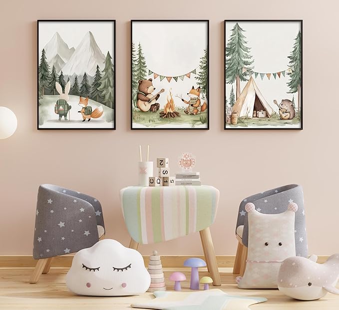 Woodland Animal Nursery Canvas Wall Art Fox Bear Rabbit Hedgehog Paintings Pictures Safari Nursery Wall Decor Forest Animals Camping Campfire Poster Print Artwork for Boys Kids Room Home Decoration