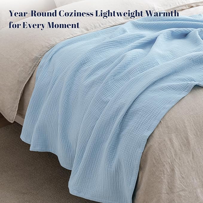 PHF 100% Cotton Muslin Blanket Queen Size 90"x90", 4-Layer Lightweight Gauze Throw, Breathable Cloud-Soft Minimalist Blanket for Bed, Couch, Camping & Baby, Sky Blue, Ideal Gift