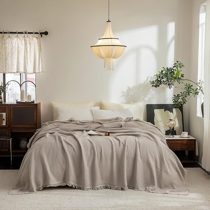 FOSSA Muslin Blanket with Fringe - 4-Layer 100% Cotton Gauze Super Soft & Breathable Throw -Lightweight Decorative Cooling Blanket for Bed, Sofa, Office -Oversize Queen Size 98" × 98" (Beige Gray)