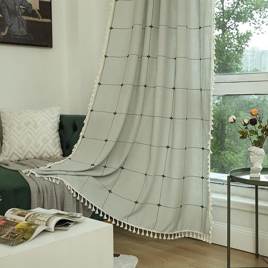 Deeprove Boho Curtains 84 Inches Long for Bedroom, Checkered Bohemian Chic Textured Embroidery Plaids, Vintage Tassels Country Decor Drapery, Rod Pocket, 1 Panel W52 x L84, Dusty Greyish Cream