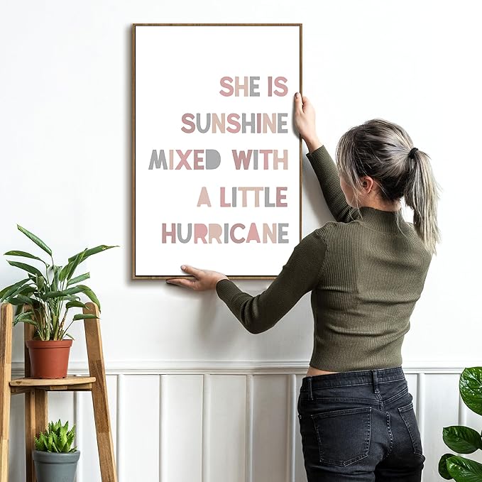 PHAMTE Girls Bedroom Wall Art Framed,She is Sunshine Mixed with a Little Hurricane Girly Room Wall Art Decor, Sunshine Boho Print Framed Canvas Painting Dorm Bedroom Nursery Playroom Decor 16x24in