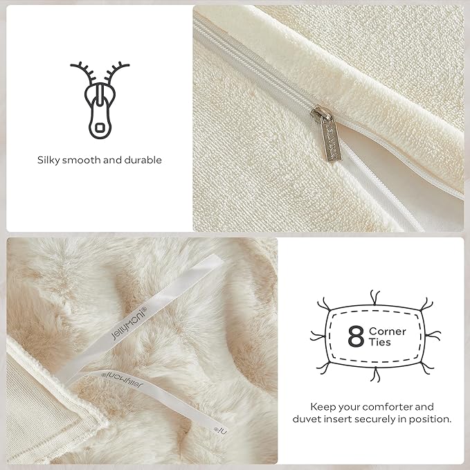 JELLYMONI Plush Duvet Cover Set - Queen Size Beige Faux Fur Comforter Cover 3pcs Bedding Set Luxury Ultra Soft Striped Fluffy Duvet Cover with Zipper and 2 Pillowcases (NO Comforter)