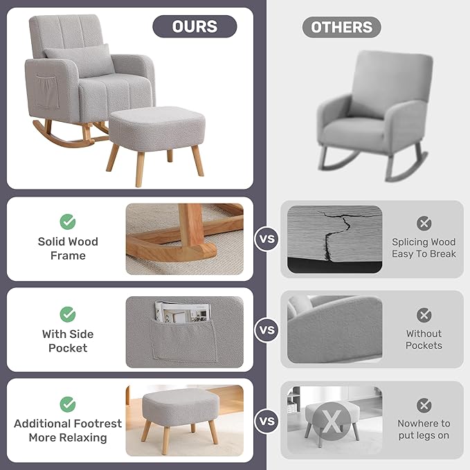 Rocking Chair with Ottoman, Nursing Glider Rocker with High Backrest and Side Pocket, Comfy Reading Chair with Solid Wood Legs for Nursery/Living Room/Bedroom Light Grey
